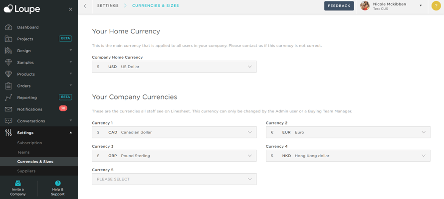 cus currencies and sizes